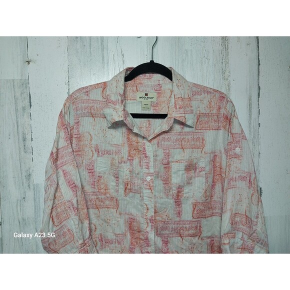 Woolrich Pink & Beige Paisley Button Down Shirt Roll Tab Sleeves Size Large - Picture 3 of 7
